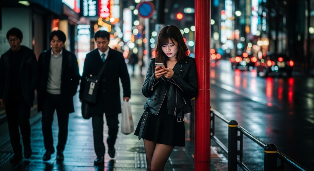 夜の繁華街でスマホを見つめる20代女性｜お金に悩む若者のリアル