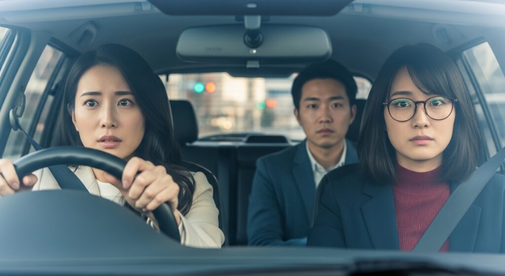 title="止まってるつもりだったのに…動いてた!?|交差点で焦る初心者ドライバーの一言【ペーパードライバー講習】" 交差点で緊張した表情の女性ドライバーと、助手席・後部座席の教習担当者たち。出張型ペーパードライバー講習の実践風景。