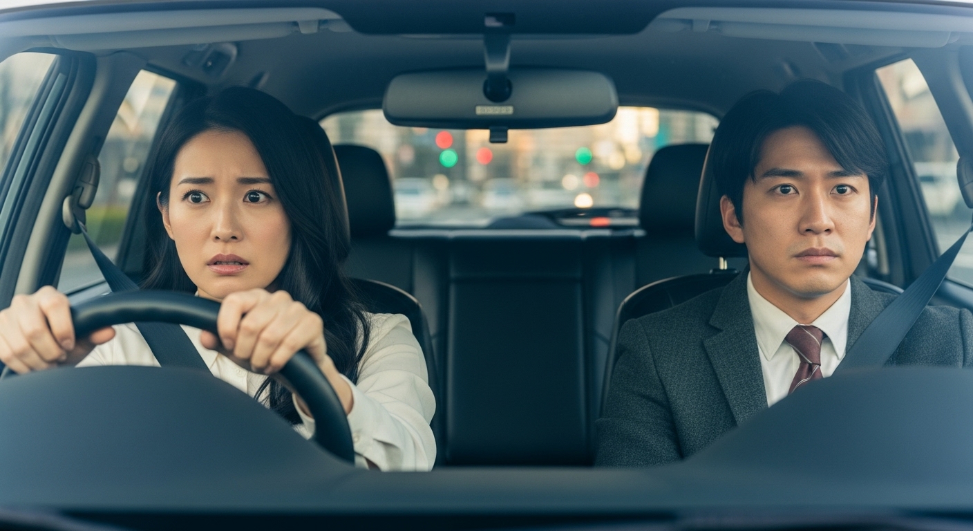 こっちってどっち!?緊張感ただようペーパードライバー講習の様子 運転中に「こっちってどっち!?」と混乱する初心者ドライバーの女性。隣の男性インストラクターも緊張した表情を見せている車内の様子。