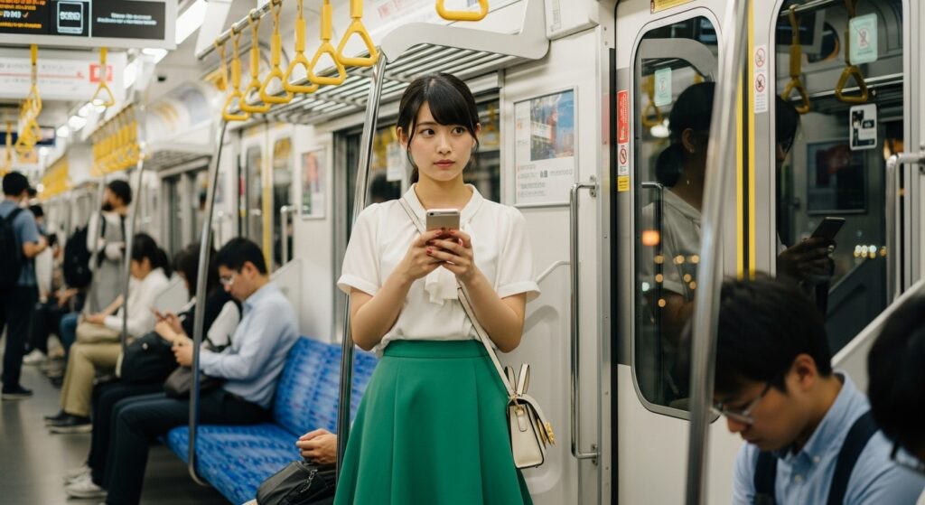 電車内でスマホを操作する20代女性｜都市部で車を持たない暮らし