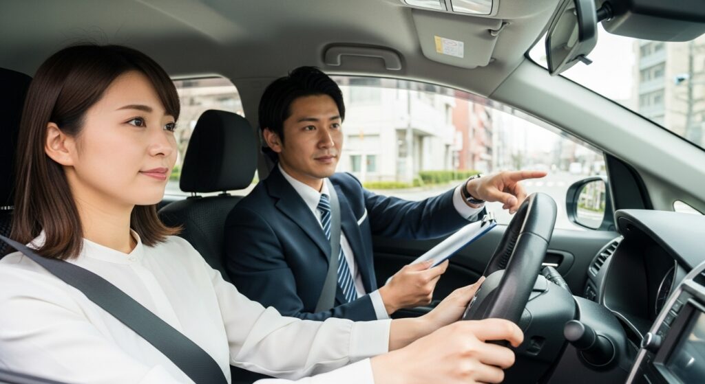 日本人のプロドライバー講師が、真剣な表情の女性に実地運転中の指導を行っている様子。クリップボードを手に進行方向を示しながら、専門性ある教え方をしている