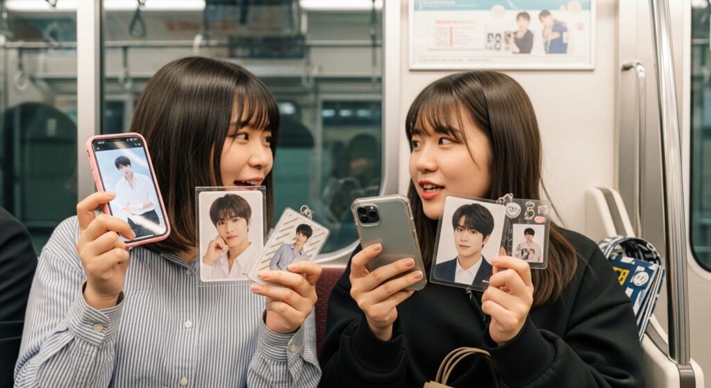 山手線の電車内でK-POPアイドルグッズを見せ合いながら推し活する20代女性2人