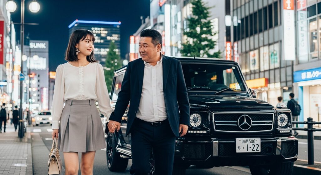 都市部で経済的に余裕のある男性と若い女性の関係を象徴する光景