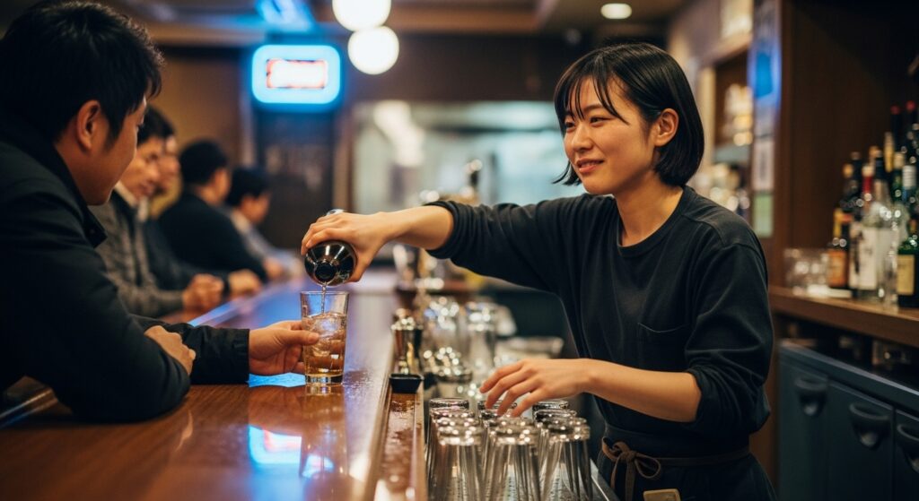 バーで立ち仕事をする20代女性が、男性客にドリンクを注いでいる。生活費のために働く姿を切り取ったリアルなシーン。