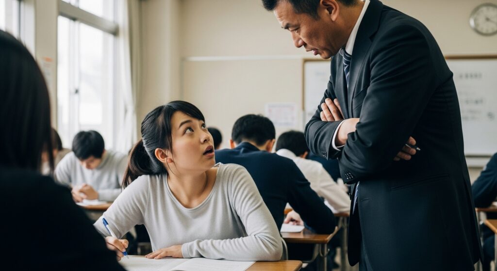 免許学科試験の教室で、インストラクターに注意され驚いた表情を見せる20代女性。怒られることに慣れていない様子。