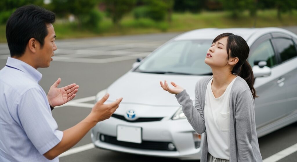 駐車場でプリウスを背景に運転指導を受ける20代女性。インストラクターの説明を聞きながら、諦めたように手を上げている。