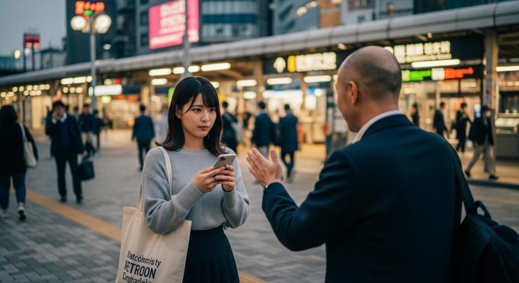 駅前でスマートフォンを持つ20代女性と中年男性が挨拶を交わすシーン。都市の夕方、通勤客が行き交う背景。