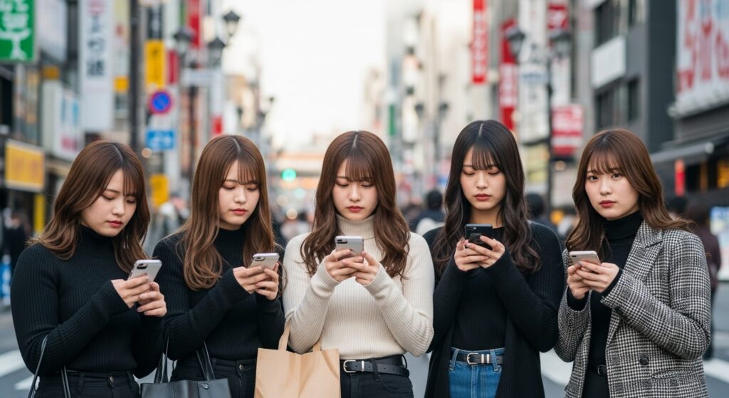 歌舞伎町の昼間で、同じような服装と髪型の20代女性5人がiPhoneを見つめている様子。現代の若者の同調行動を象徴するシーン。