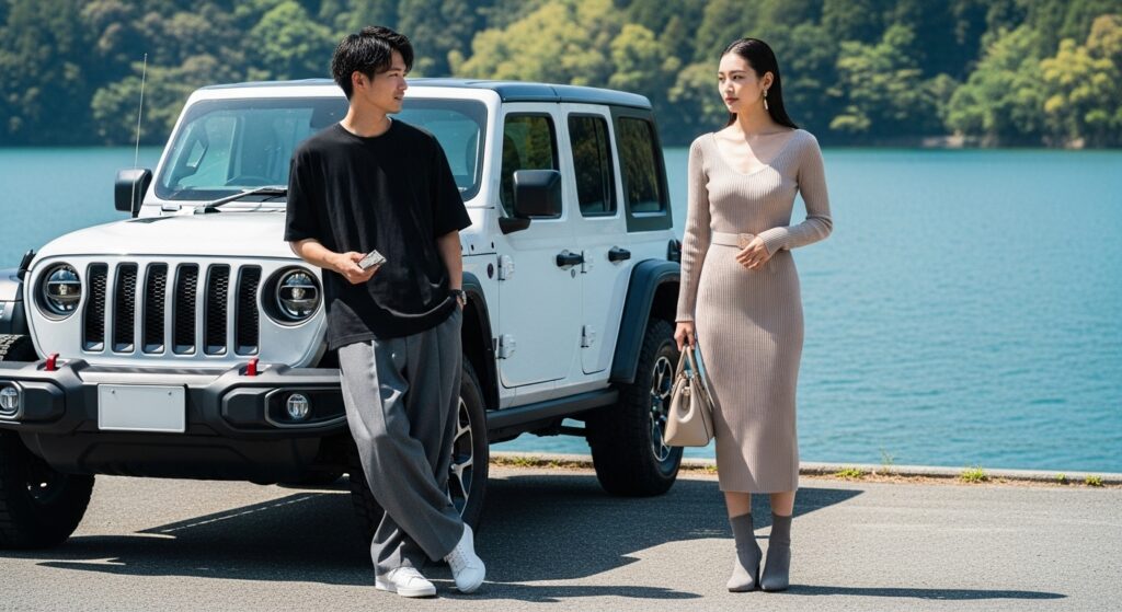 白いジープラングラーと若いカップル｜湖畔でSUVライフを楽しむ20代男女