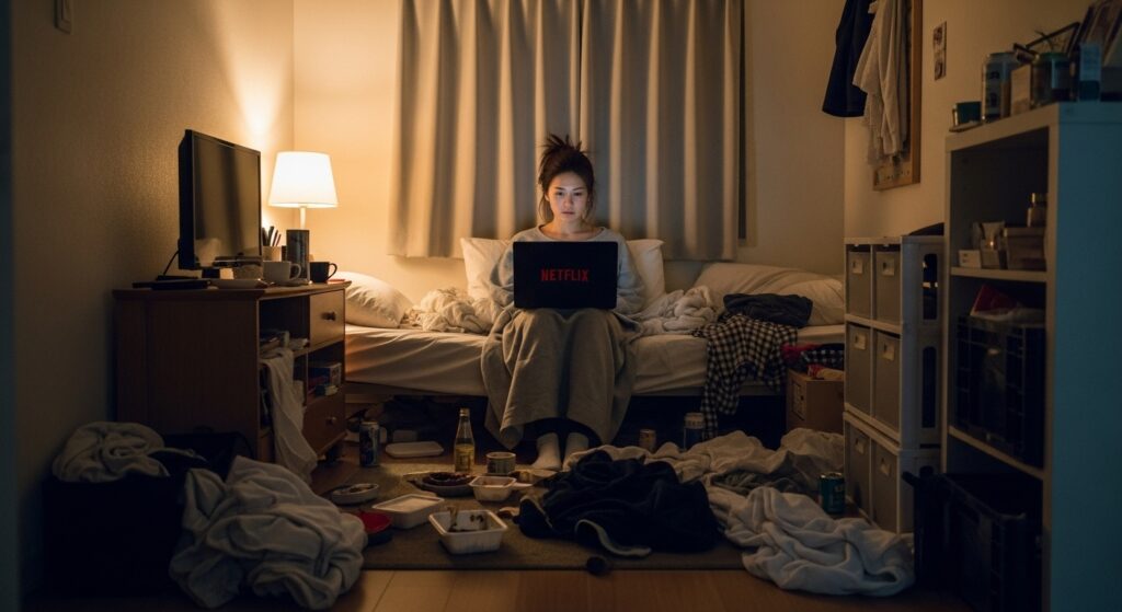 Netflixを観ながらベッドに座る30代の日本人女性。散らかった部屋で孤独な夜を過ごしている様子。