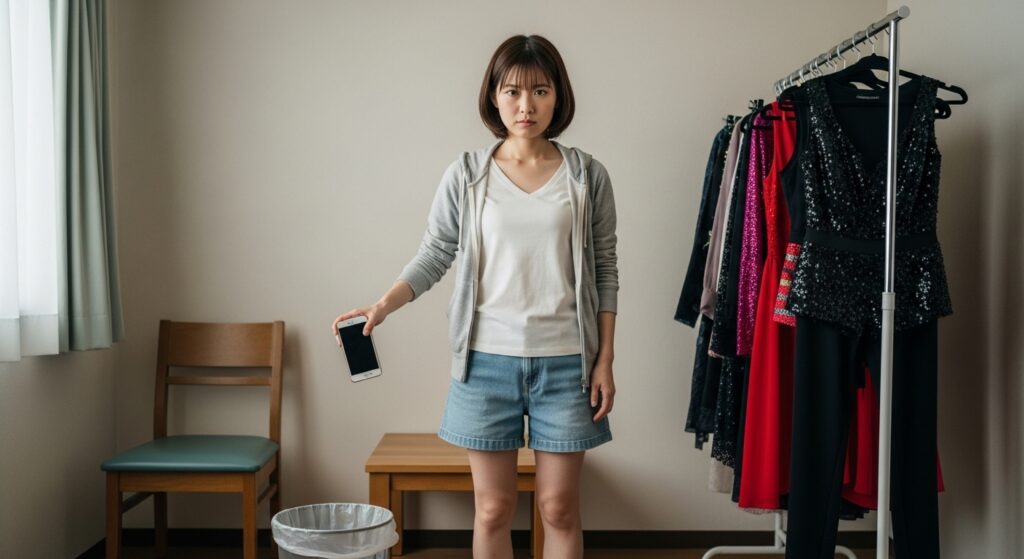自分の人生を運転する意志を象徴する女性 20代日本人女性がスマホをゴミ箱に捨てる瞬間。外部の同調圧力から離れ、自分の人生を選ぶ決意を象徴するシーン。