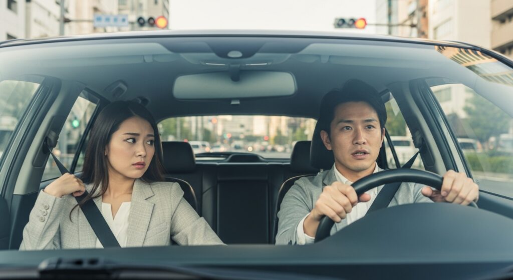 彼氏の運転に不安を覚える彼女の表情── 前方から見た日本人カップルの車内。彼氏は運転に集中しているが、助手席の彼女は不安そうに見つめている。