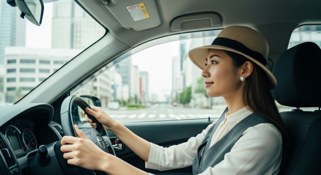 ペーパードライバー講習中の若い日本人女性が、帽子をかぶって真剣にハンドルを握っている様子（都内の交差点）