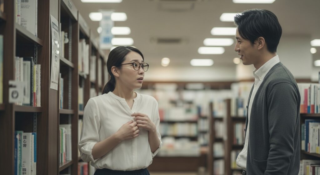 Bookstore Romantic Encounter Surprised Woman 本屋で眼鏡の女性がイケメンに声をかけられて驚く様子。恋の始まりを予感させる自然な日常シーン。