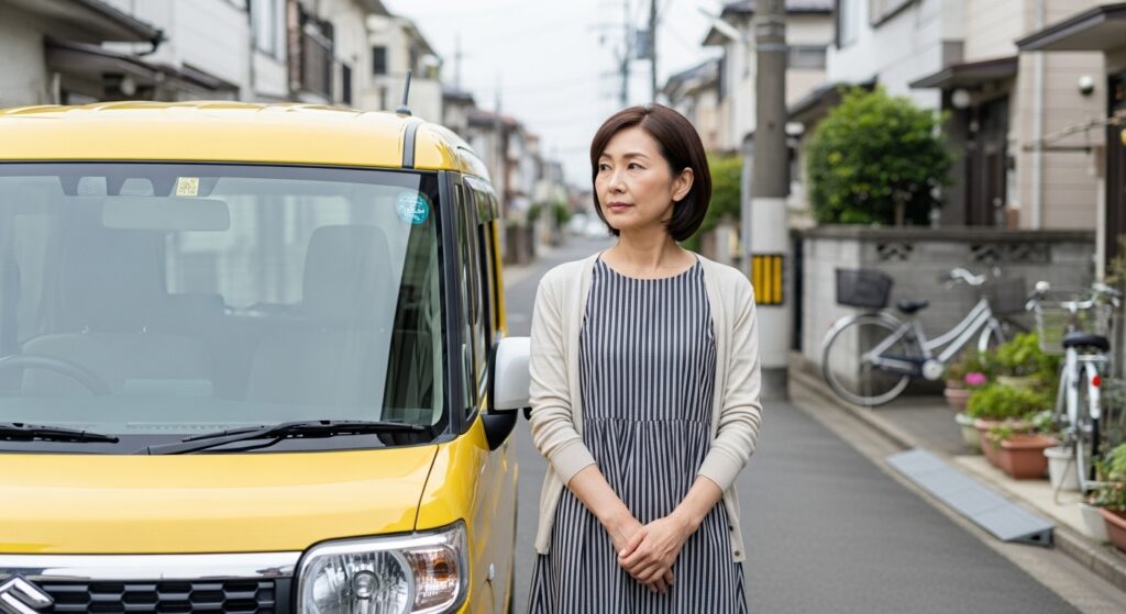 運転ブランクがある女性が、住宅街で黄色の軽自動車の横に立つ様子