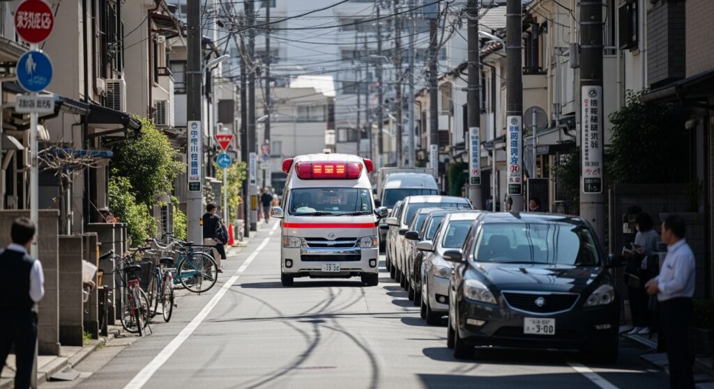 狭い住宅街を走行する救急車と緊急車両対応の様子
