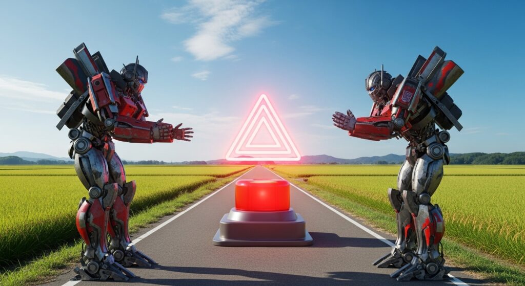 地方の道路でロボット同士がありがとうハザードを表現するシーン