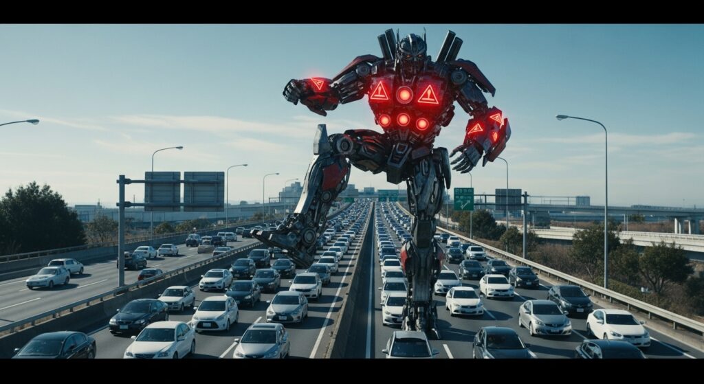 高速道路の渋滞で巨大ロボットがありがとうハザードを点滅させているシーン