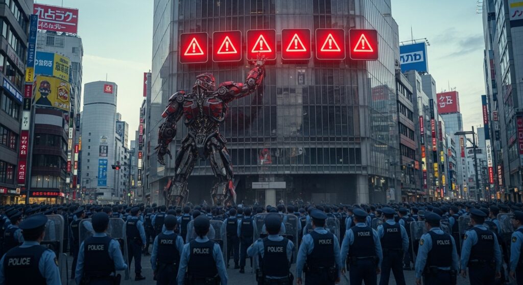 警察に囲まれたロボットと巨大なハザードランプ｜ありがとうハザードは違法かを解説するイメージ