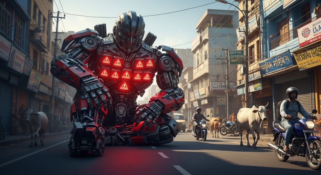 インドの街中でロボットがハザードを点滅させているがクラクションや手振りが主流の文化を表すシーン