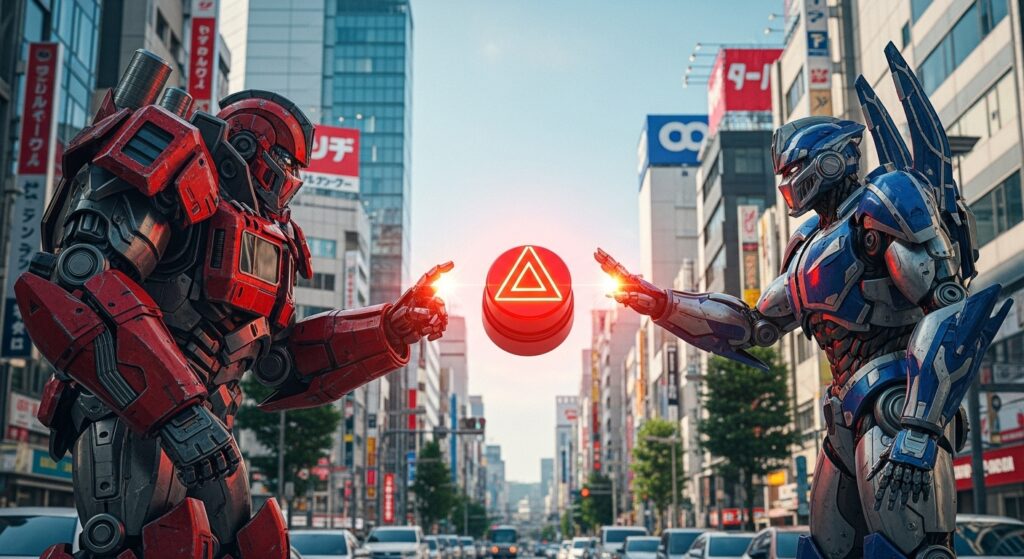 歌舞伎町の街中でロボット同士がありがとうハザードを表現しているシーン