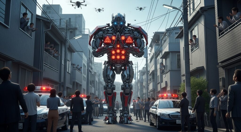 住宅街の狭い道路でロボットがありがとうハザードを点滅させているシーン