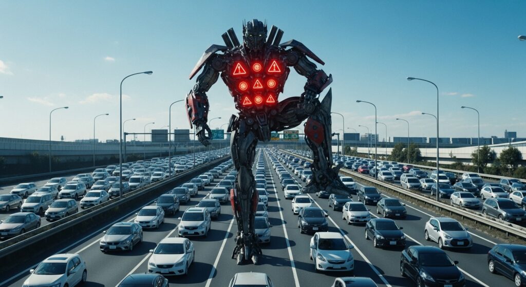 高速道路の渋滞でロボットがありがとうハザードを点滅させているシーン