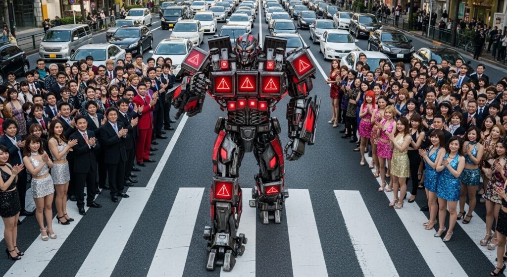 都市部の幹線道路でロボットがありがとうハザードを点滅させ人々に拍手されているシーン