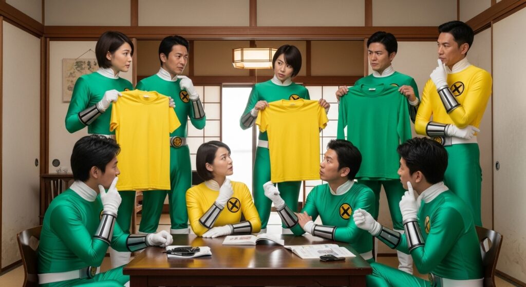 beginner-mark-driving-safety-discussion 初心者マークの使い方を議論するチーム。黄色と緑のTシャツを比較しながら安全運転について話し合うシーン