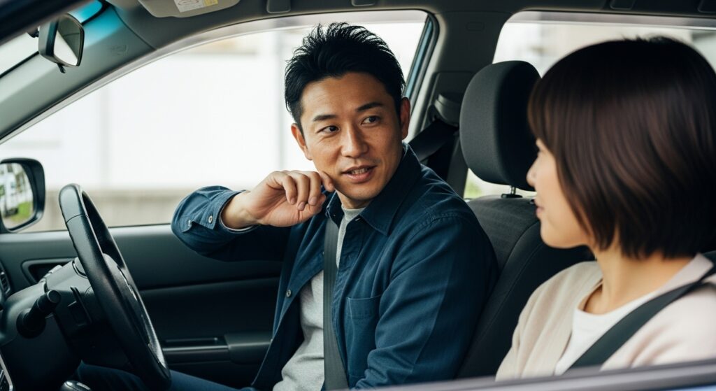 余裕ある男性の車内会話|安心感を与えるドライブデート 車内で女性に落ち着いた表情で話しかける40代男性。余裕ある会話がドライブデートに安心感を与える。