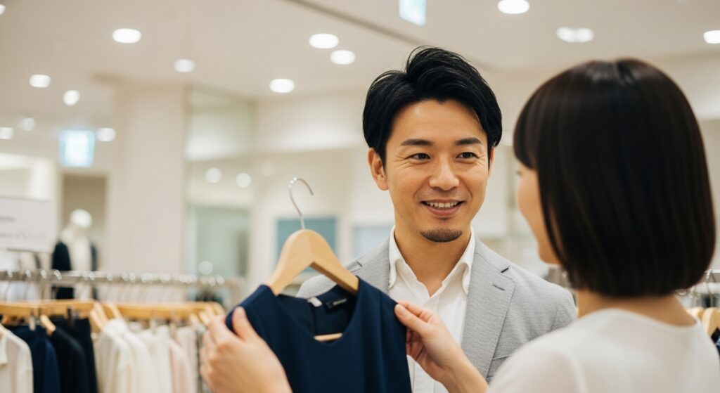 洋服選びをサポートする余裕のある男性|安心感と信頼を与えるデート 洋服選びに付き合う40代男性。女性の気持ちを受け止める姿勢が安心感と信頼を与えるデートシーン。