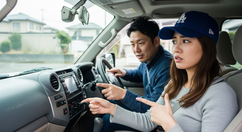車内でインストラクターと一緒に装備ボタンの使い方を確認している女性。戸惑いながらも真剣な様子。