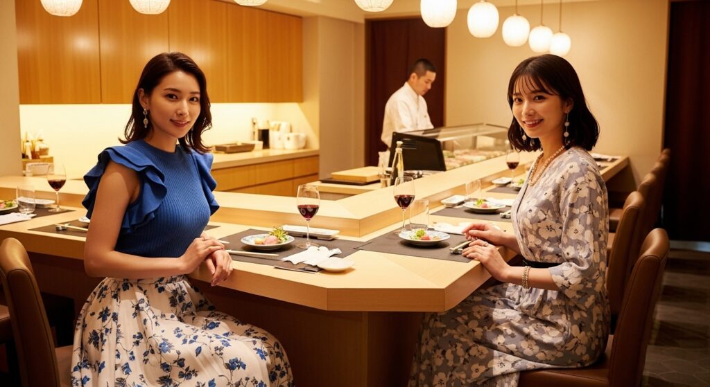 車 ステータス ベンツ 年収と高級寿司ライフスタイル 高級寿司店で食事を楽しむ女性二人|ラグジュアリーなライフスタイルと車ステータスの象徴