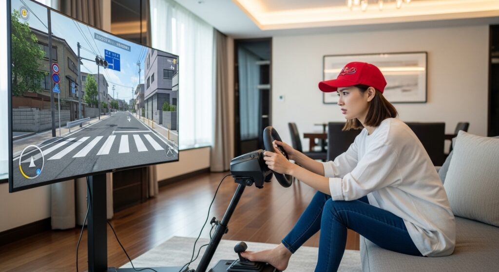 ハンドルを握る手が少し震える…狭い道に緊張するペーパードライバー講習中の女性