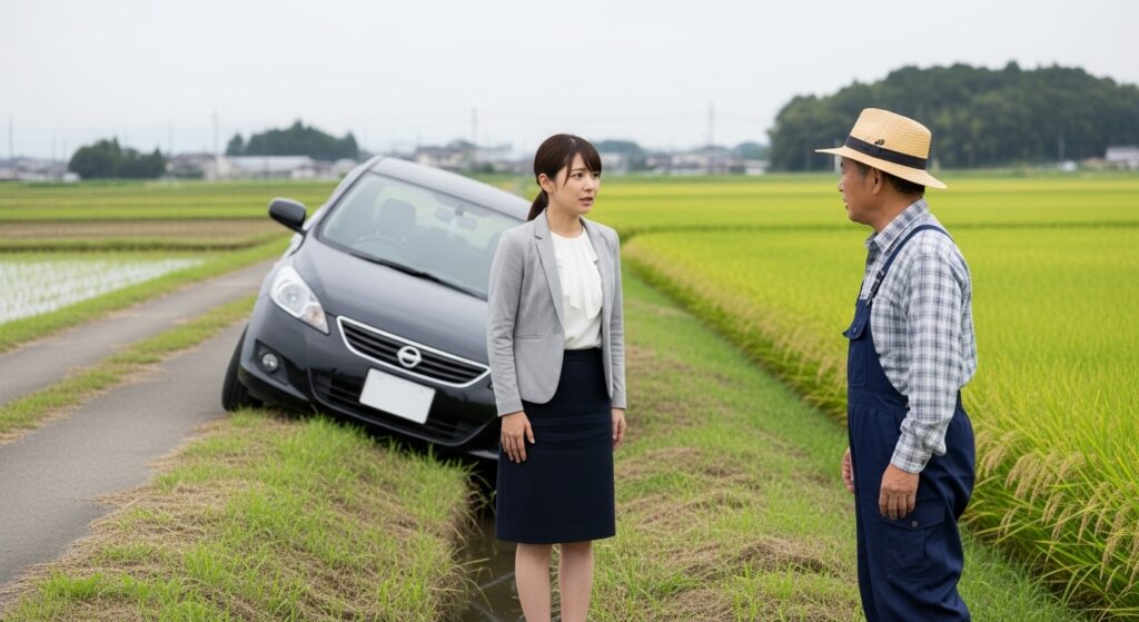 車が側溝に落ちたトラブルと農家とのやりとり 車が田んぼの側溝に脱輪し、困り果てた女性と心配そうに声をかける農家の男性のシーン