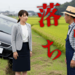 車が田んぼの側溝に落ちたトラブルと農家に声をかけられる女性ドライバーのシーン｜脱出・レッカー・保険対応ガイド