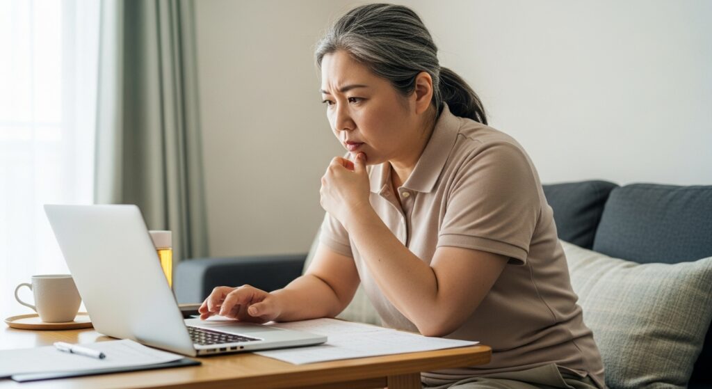 真剣な表情でノートパソコンに向かう中年女性。過去の失敗を踏まえて、次の講習選びに向けてインターネットとChatGPTで情報収集している様子。