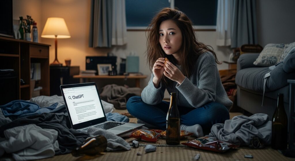 散らかった部屋で膝を抱えながらパソコンを見つめる女性。画面には「ChatGPT」の検索結果が表示されている。