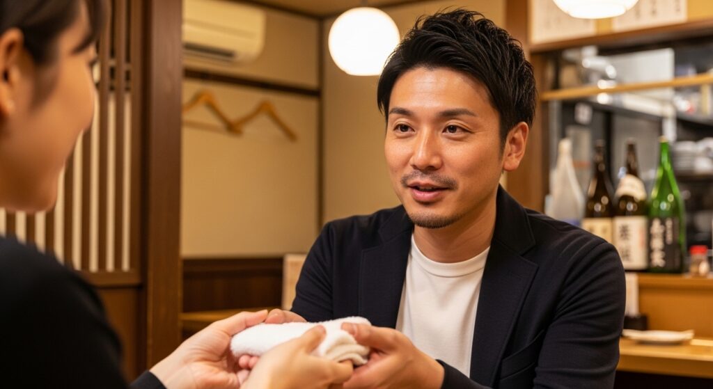 居酒屋で女性におしぼりを渡す40代男性。余裕のある立ち振る舞いが安心感を与えるデートシーン。
