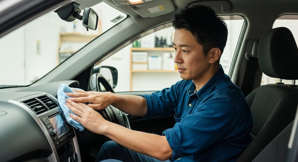 車内を丁寧に拭き掃除する40代男性。清潔感ある車内環境が女性に安心感を与える。