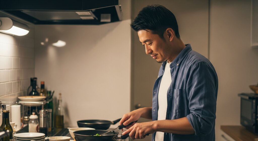 自宅キッチンで料理をする余裕のある男性|安心感と優しさを伝えるシーン 自宅のキッチンで料理をする40代男性。落ち着いた表情でフライパンを扱い、思いやりを感じさせる姿。