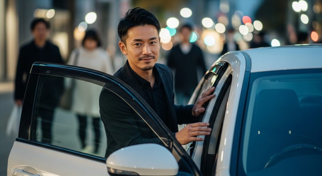 車から降りる余裕のある男性|自然体で安心感を与える立ち振る舞い 車から降りる40代男性。落ち着いた雰囲気と余裕ある立ち振る舞いが女性に安心感を与える。