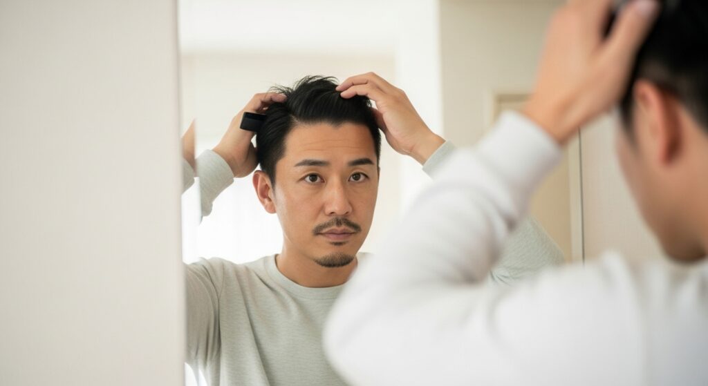 鏡の前で髪を整える40代男性。清潔感のある身だしなみが女性に安心感を与える。
