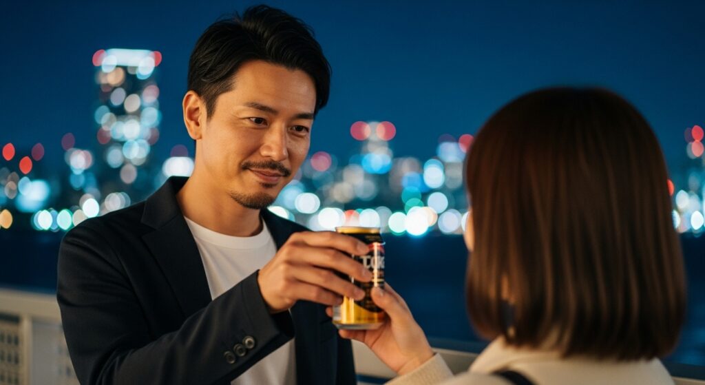 夜景デートで缶コーヒーを渡す余裕のある男性|安心感と信頼を与える仕草 夜景を背景に缶コーヒーを女性に手渡す40代男性。余裕のある振る舞いが安心感と信頼を与えるデートシーン。