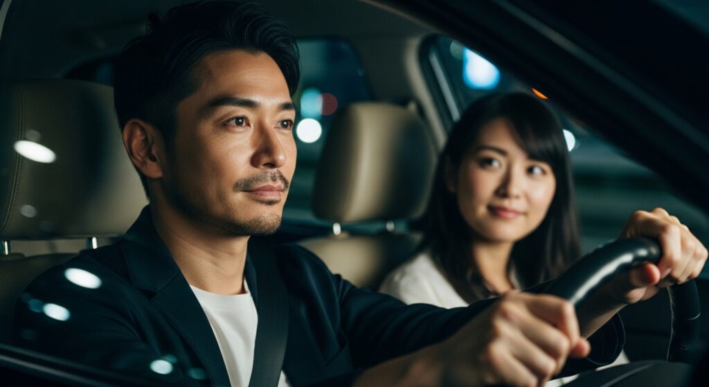 夜のドライブで女性を安心させる40代男性。落ち着いた運転スタイルが信頼と安心感を与えるデートシーン。