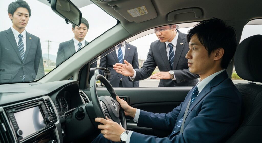 「企業向け安全運転研修 午後の部 実践走行」 「午後の部の実践走行研修。スーツ姿の社員が右ハンドルの車を運転し、外からインストラクターが指導。周囲の同僚も見守る様子」