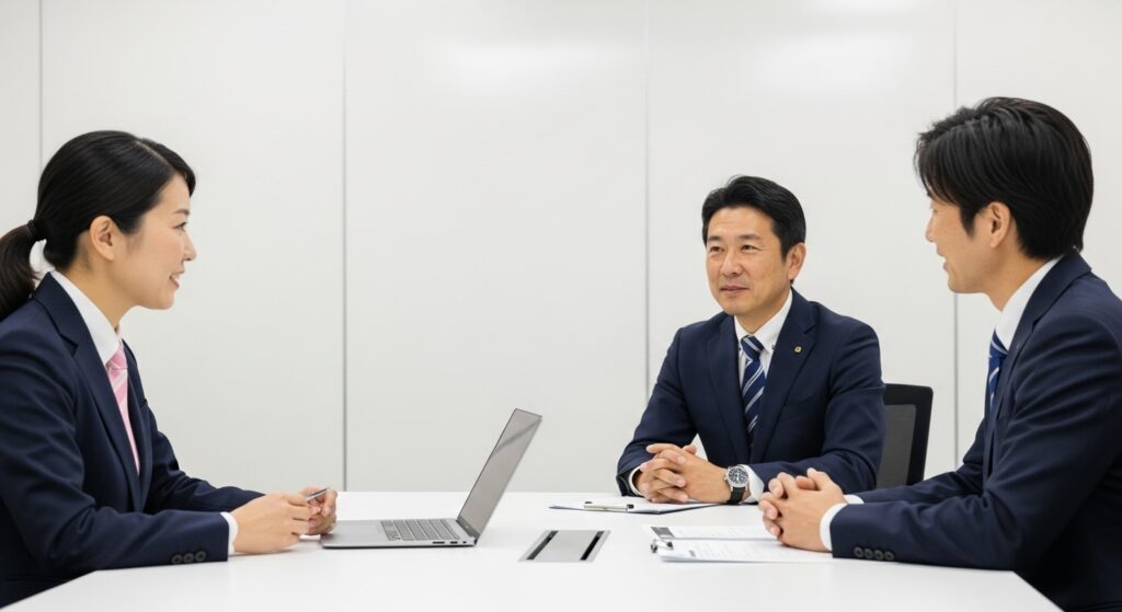 「企業向け安全運転研修 事前打ち合わせ」 「企業担当者と営業スタッフが会議室で安全運転研修の事前打ち合わせをしている様子。研修目的や対象人数を丁寧にヒアリング」