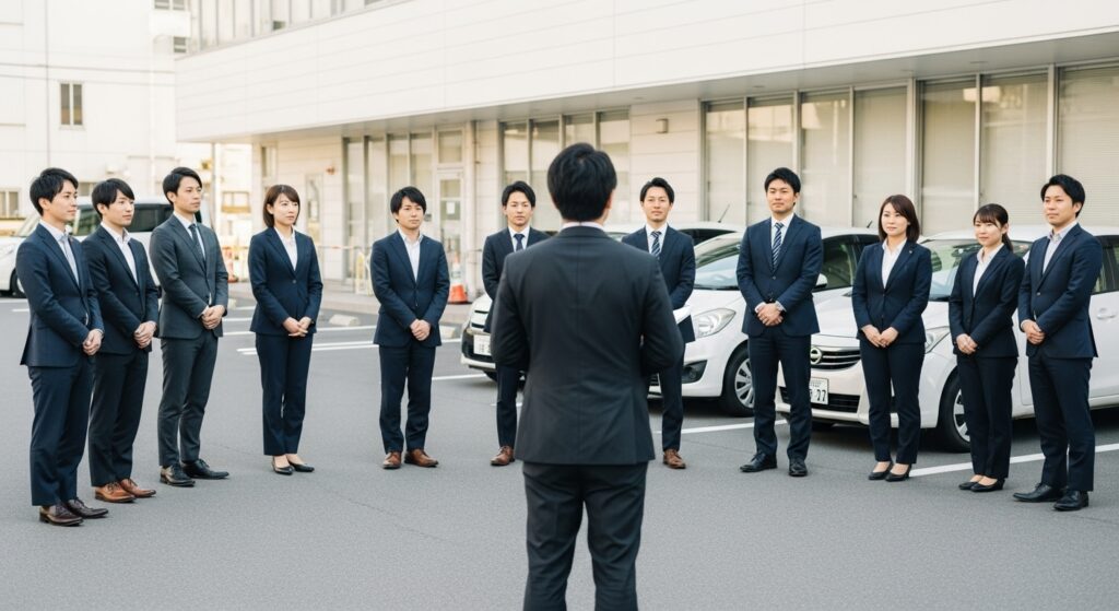 「企業向け安全運転研修 屋外での指導風景」 「企業向け安全運転研修で社員が屋外でインストラクターの指導を受けている様子。若手からベテランまでが真剣に参加」