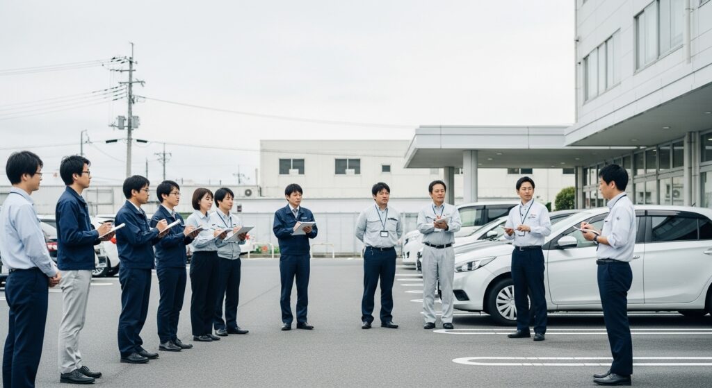 「企業向け安全運転研修 駐車場での指導風景」 「企業向け安全運転研修の様子。駐車場で社員がインストラクターの指導を受け、実践と意識改革を両立させる場面」