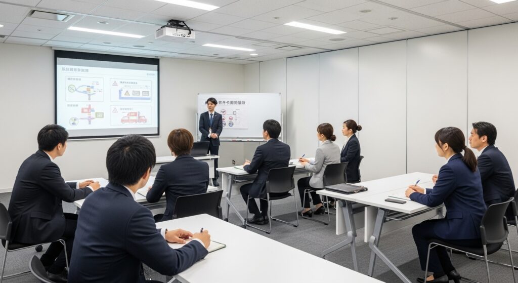 「企業向け安全運転研修 会議室オリエンテーション」 「企業向け安全運転研修のオリエンテーション。会議室で社員がインストラクターの説明を受け、最新の交通事故事例や法令遵守について学んでいる様子」
